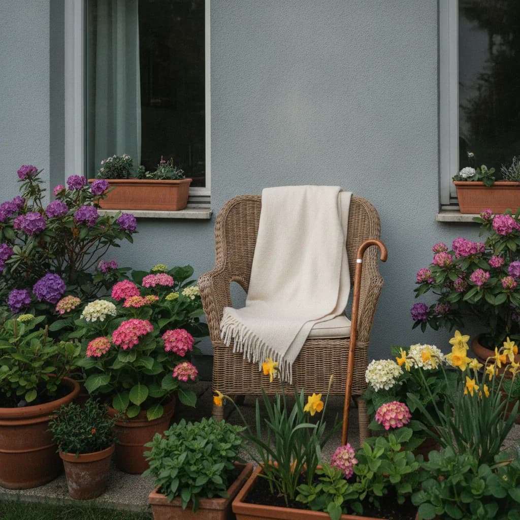 Ruhige Gartenterrasse im Frühling mit Sitzgelegenheit und Gehstock
