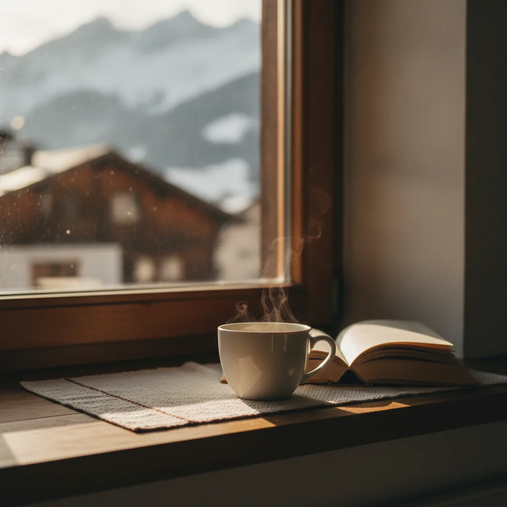 Kaffeetasse und Buch am Fenster als Sinnbild für eine Pause der Angehörigen