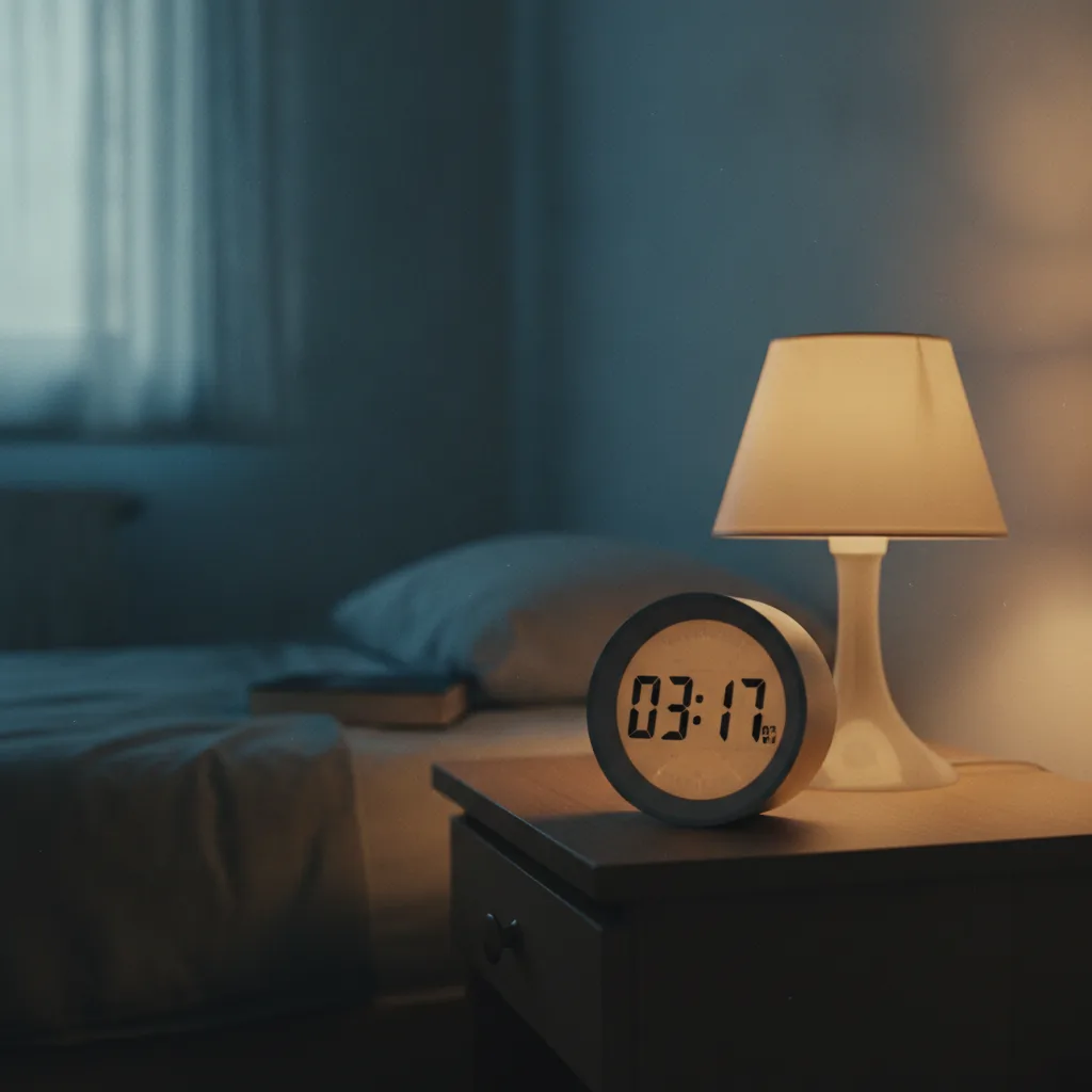 Nachttisch mit Uhr und Lampe während der Nachtwache